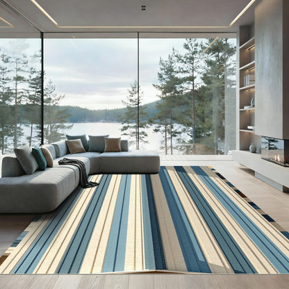 Modern Blue and Beige Linear Stripe Rug