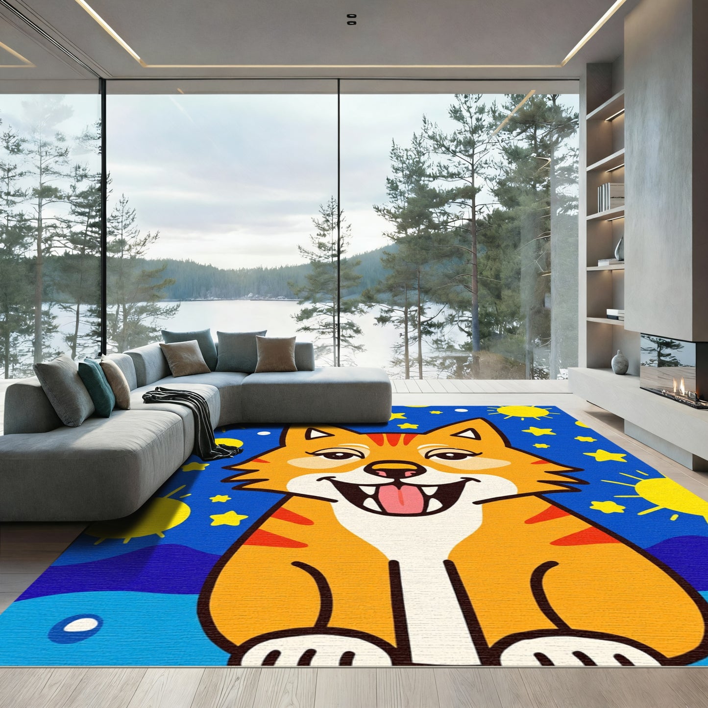 Whimsical Orange Cat Stars Sun Scene Rug