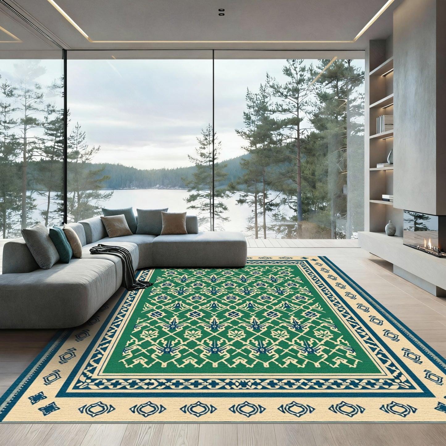 Emerald Blue Geometric Lattice Medallion Rug