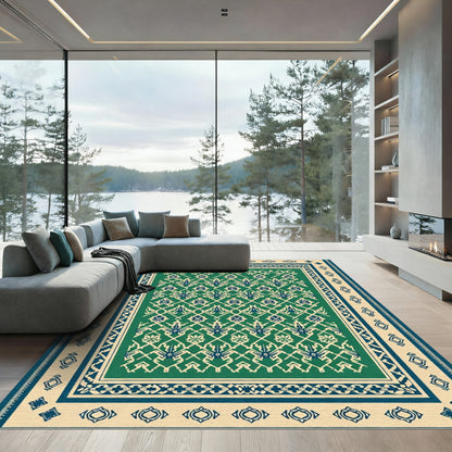 Emerald Blue Geometric Lattice Medallion Rug