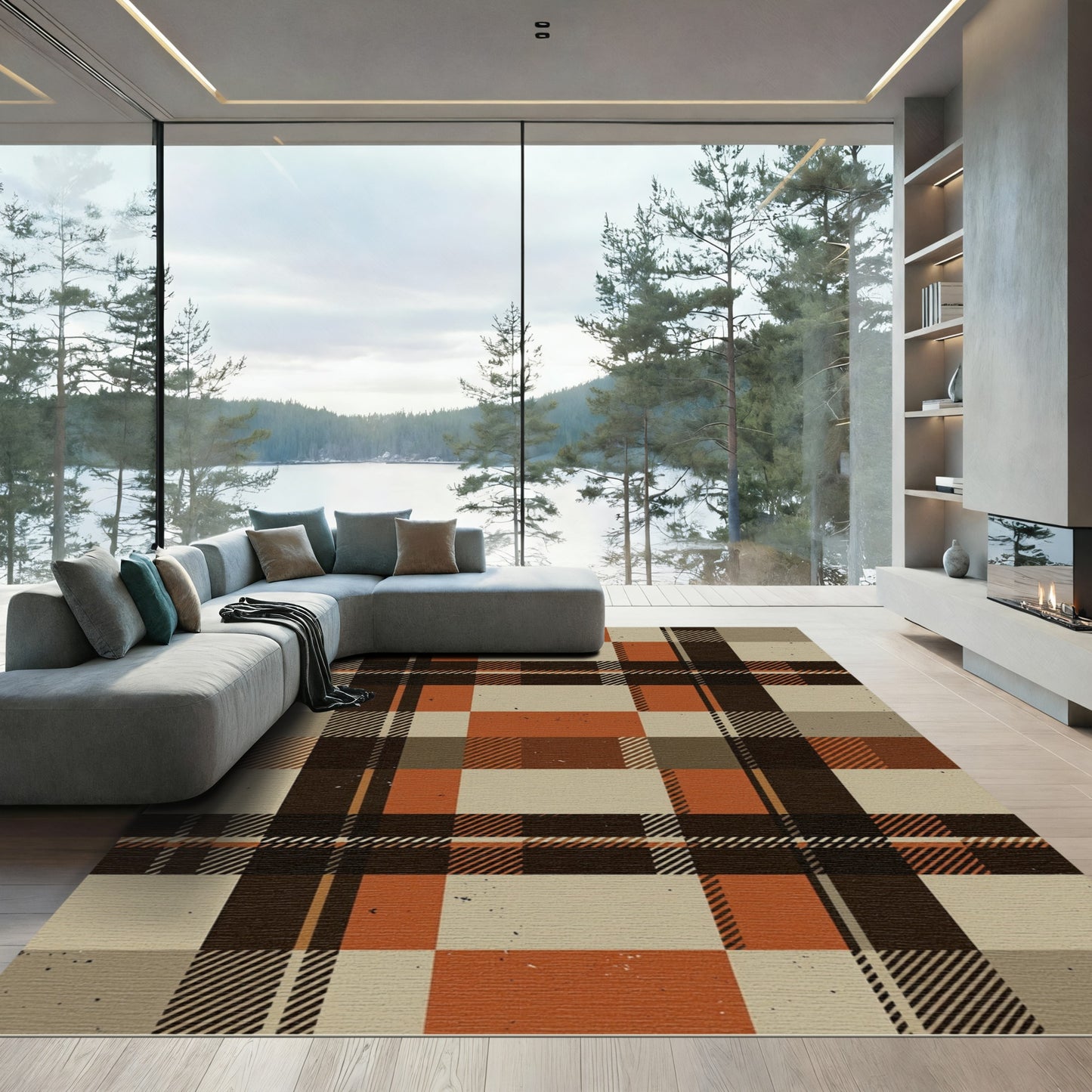 Rustic Burnt Orange Plaid Geometric Rug