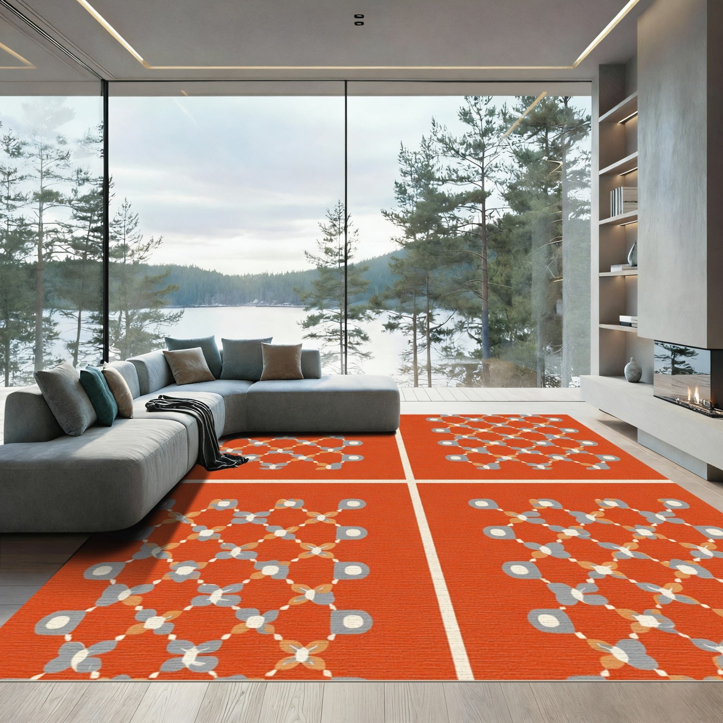 Orange Lattice White Floral Clusters Rug