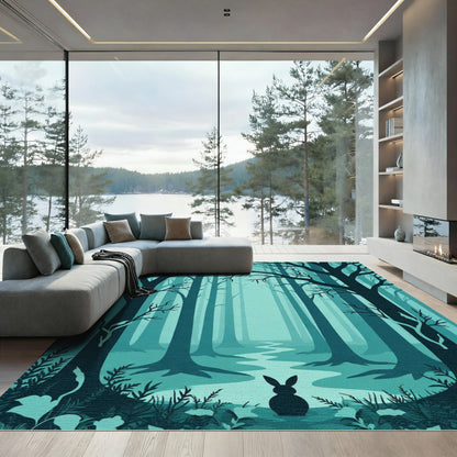 Misty Teal Forest Path Rabbit Rug