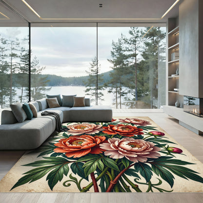 Vibrant Peony Bouquet Floral Accent Rug