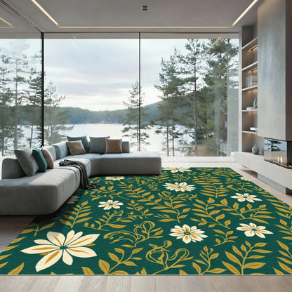 Dark Teal Ochre Floral Vine Arrangement Rug