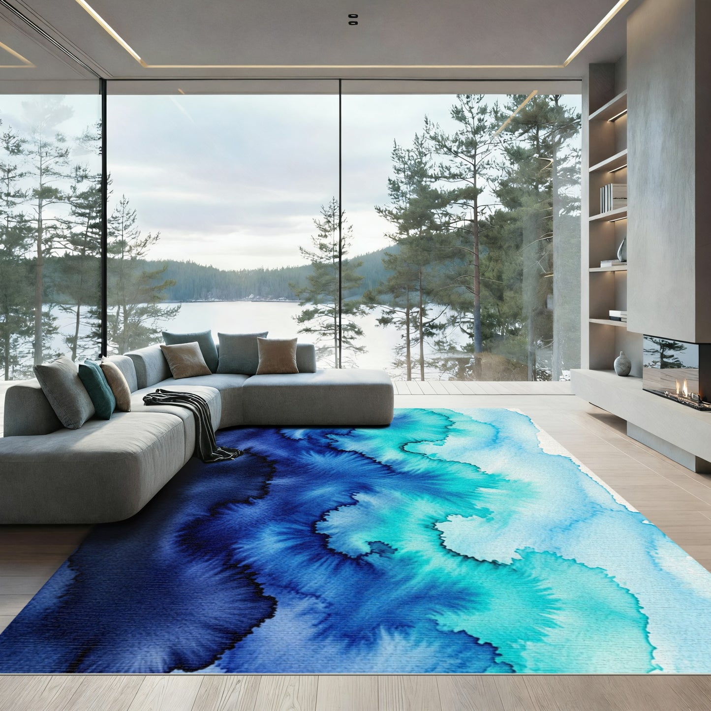 Abstract Ocean Wave Gradient Blue Rug
