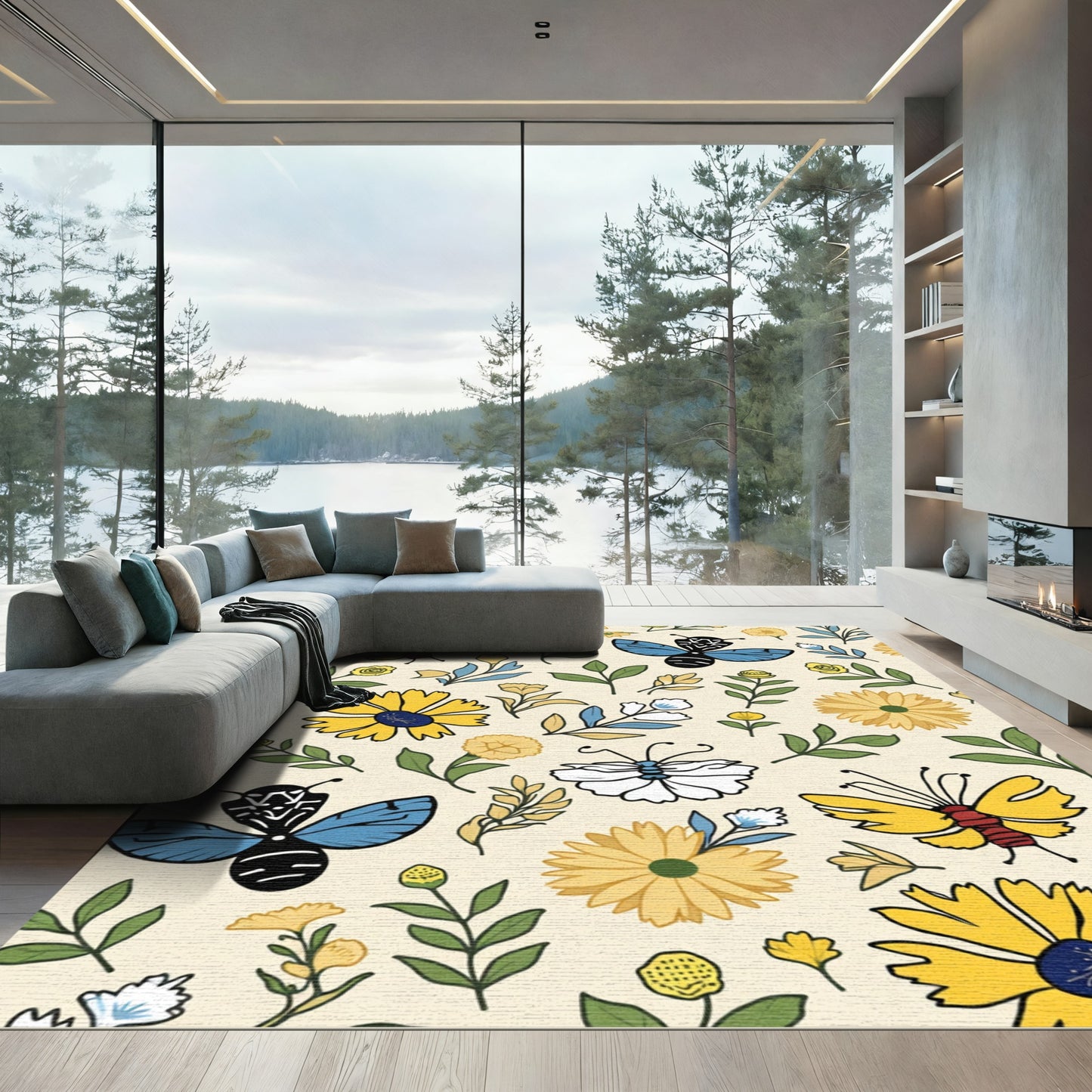 Yellow Blue White Butterfly Floral Composition Rug
