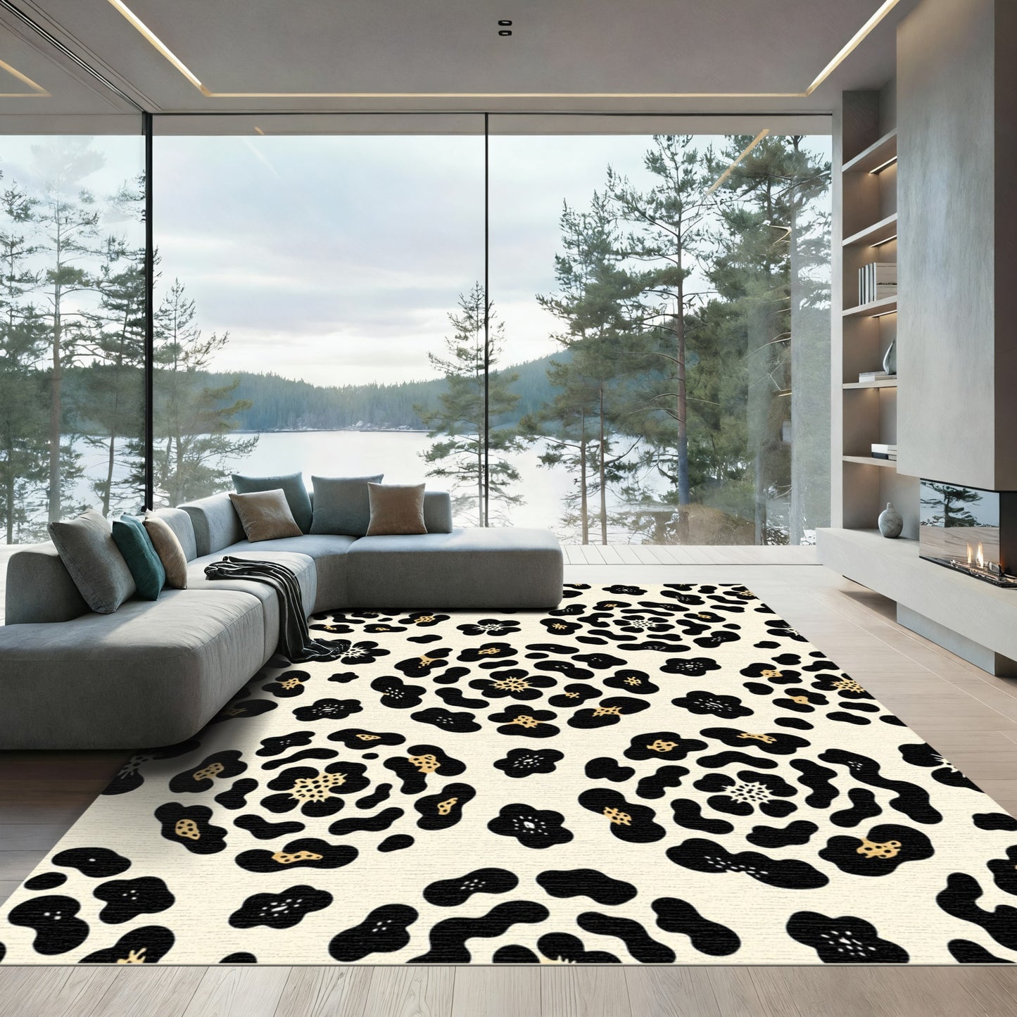 Cream and Black Leopard Floral Rug