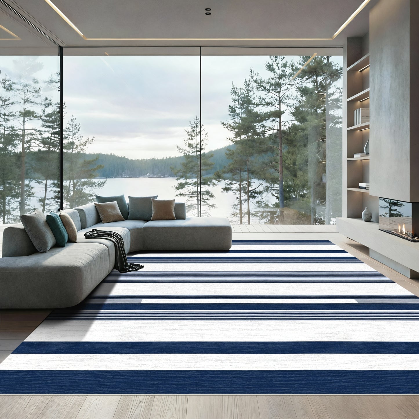 Bold Navy White Striped Rug