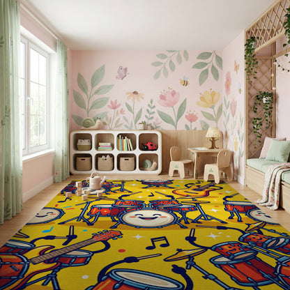Playful Smiling Drums Guitars Notes Rug