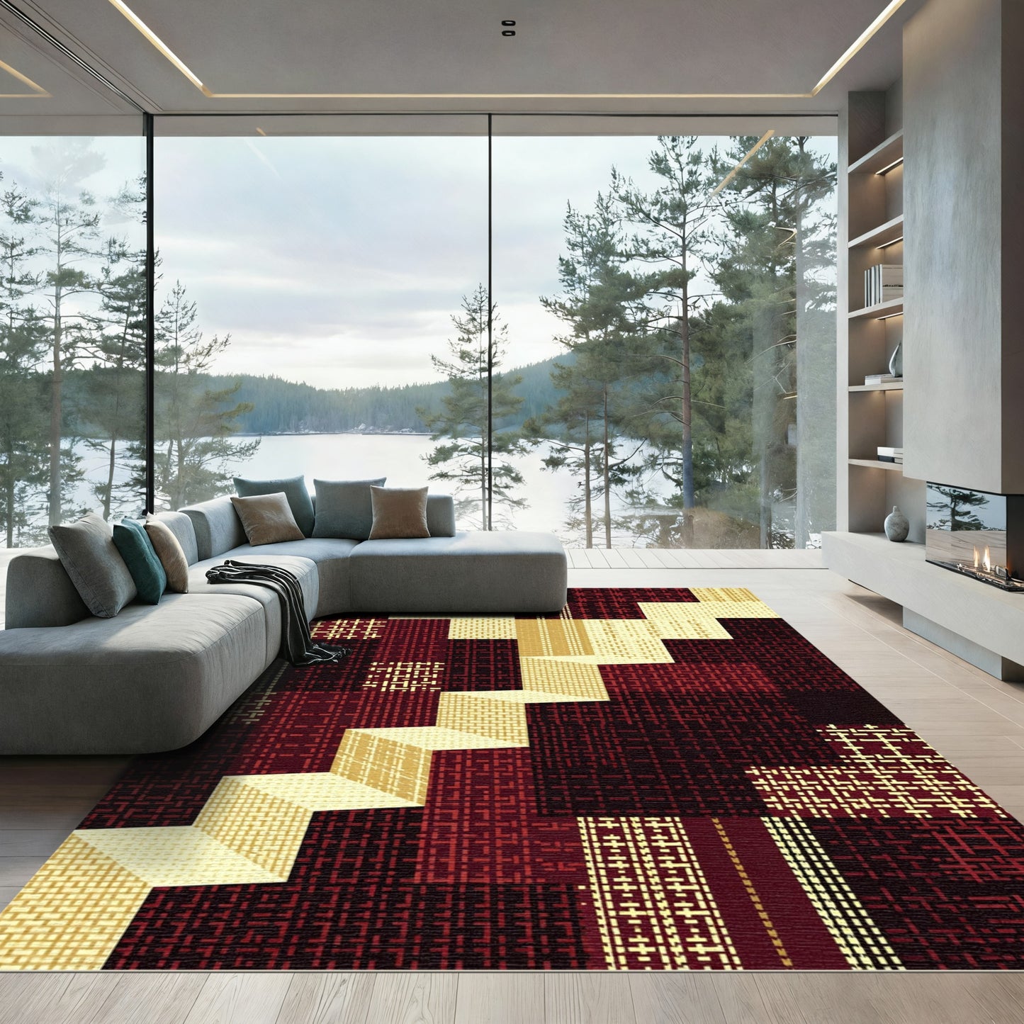 Geometric Stairs Burgundy Yellow Patchwork Rug