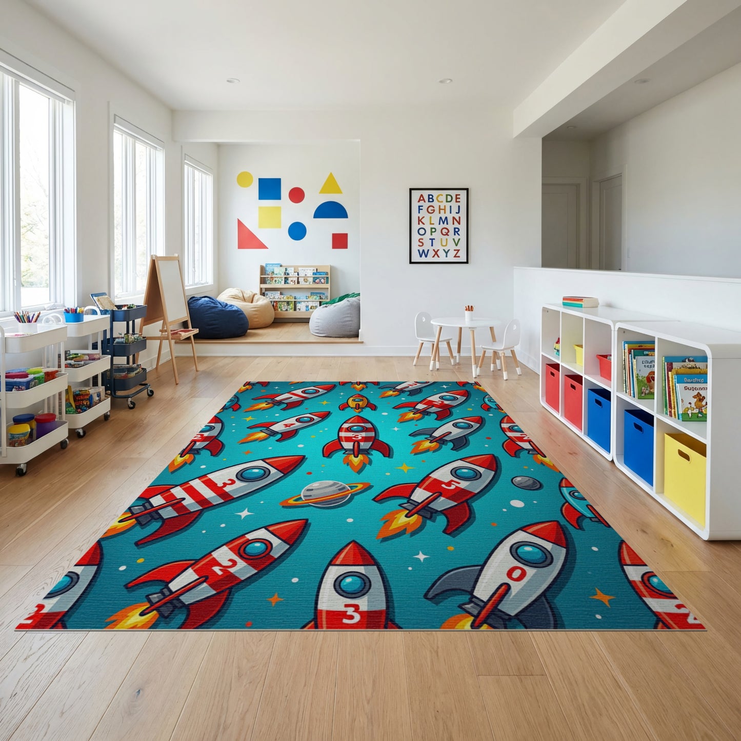 Vibrant Red Rockets Stars Whimsical Rug