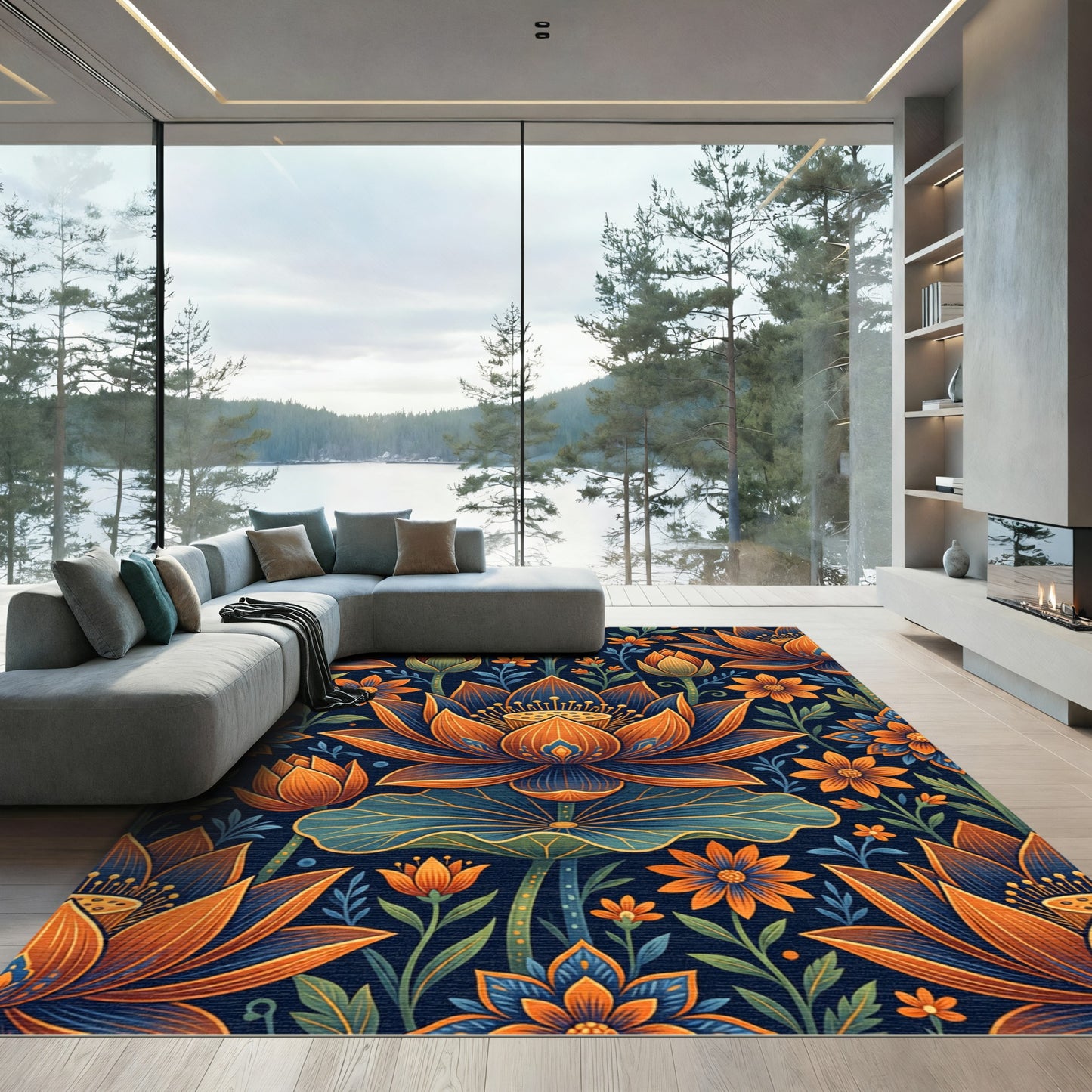 Warm Orange Blue Lotus Floral Immersion Rug
