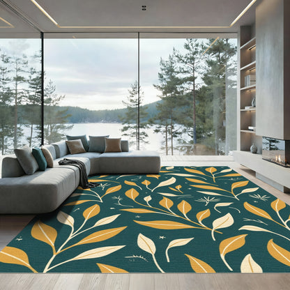 Golden Leaf Vine on Teal background Rug