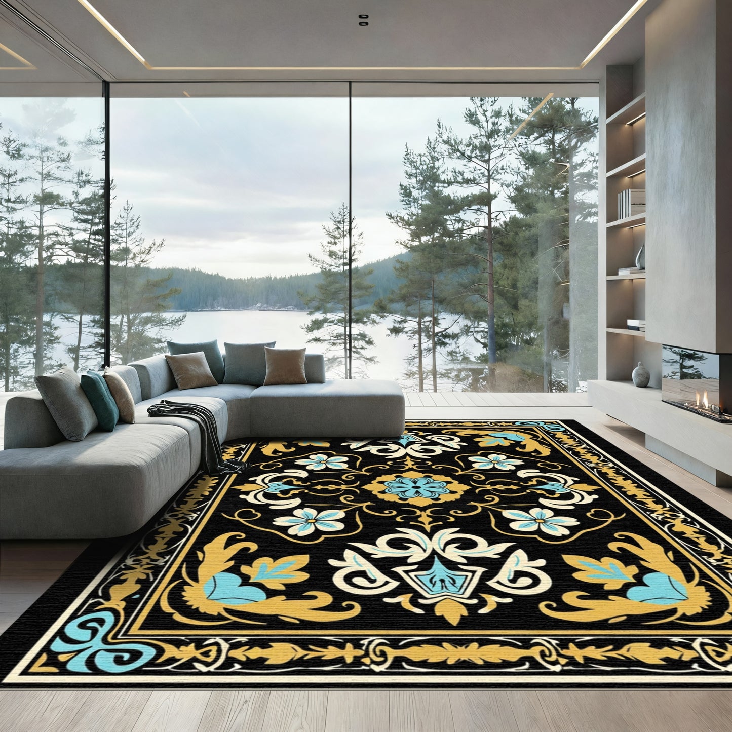 Ornate Black Gold Blue Floral Border Rug