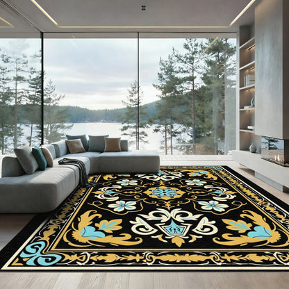Ornate Black Gold Blue Floral Border Rug