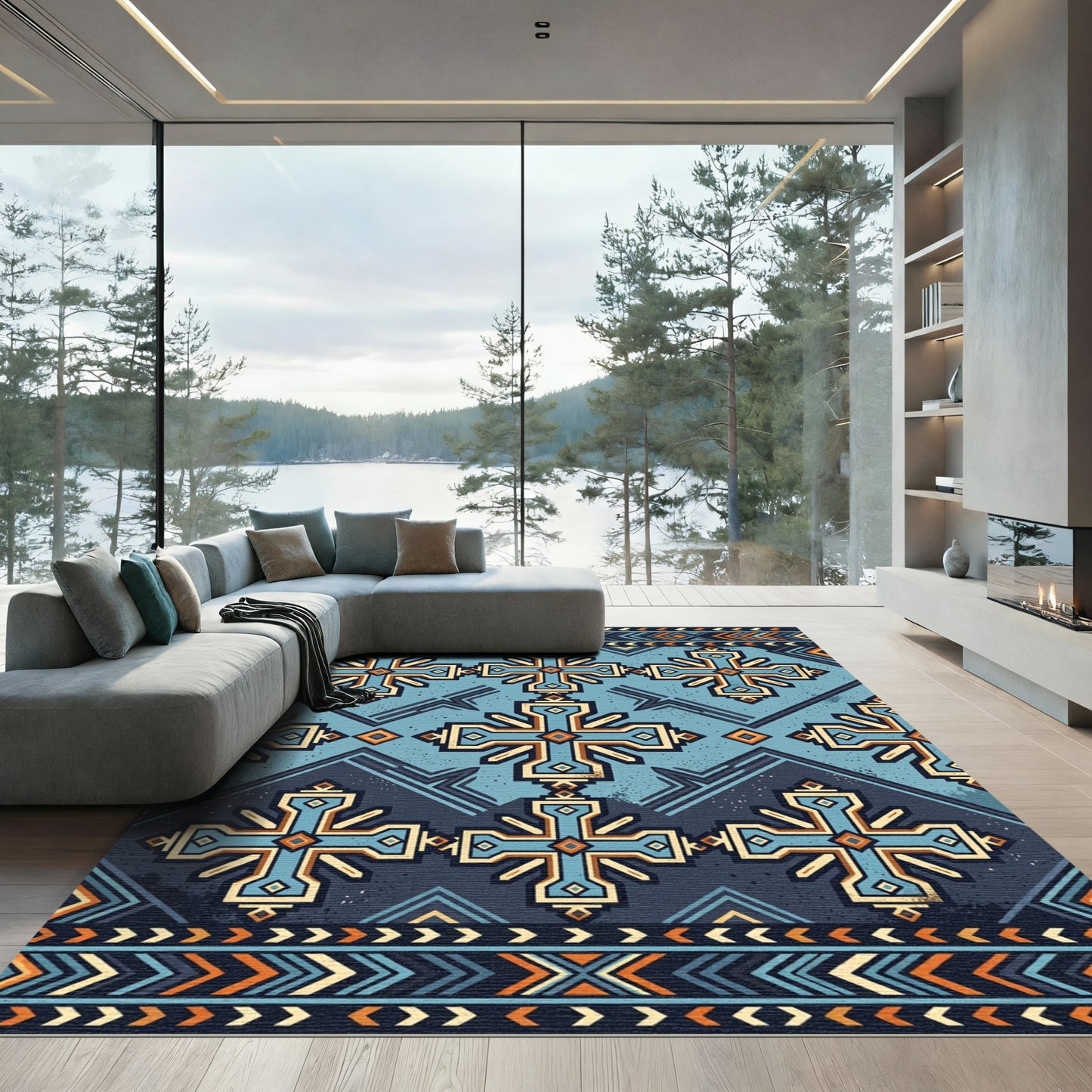 Azure Blue Geometric Cross Medallion Rug