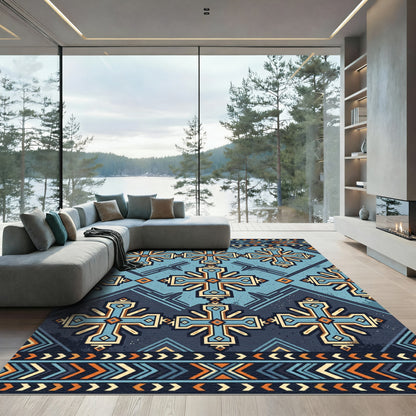 Azure Blue Geometric Cross Medallion Rug