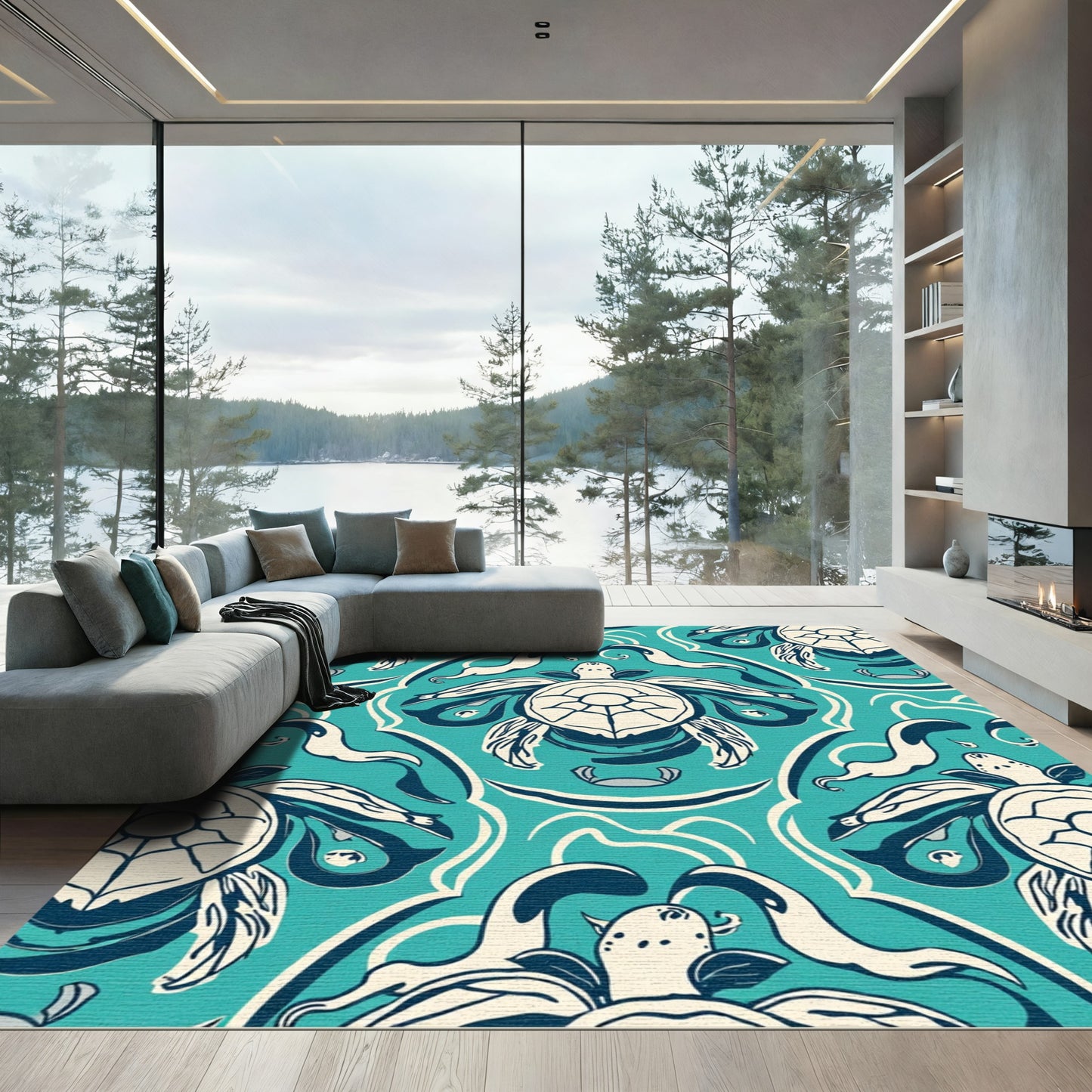 Aqua Blue Turtle In Flowing Lines Rug