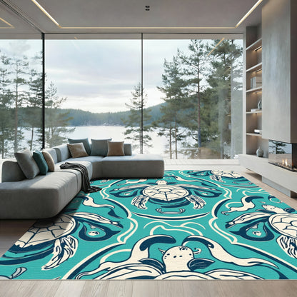 Aqua Blue Turtle In Flowing Lines Rug