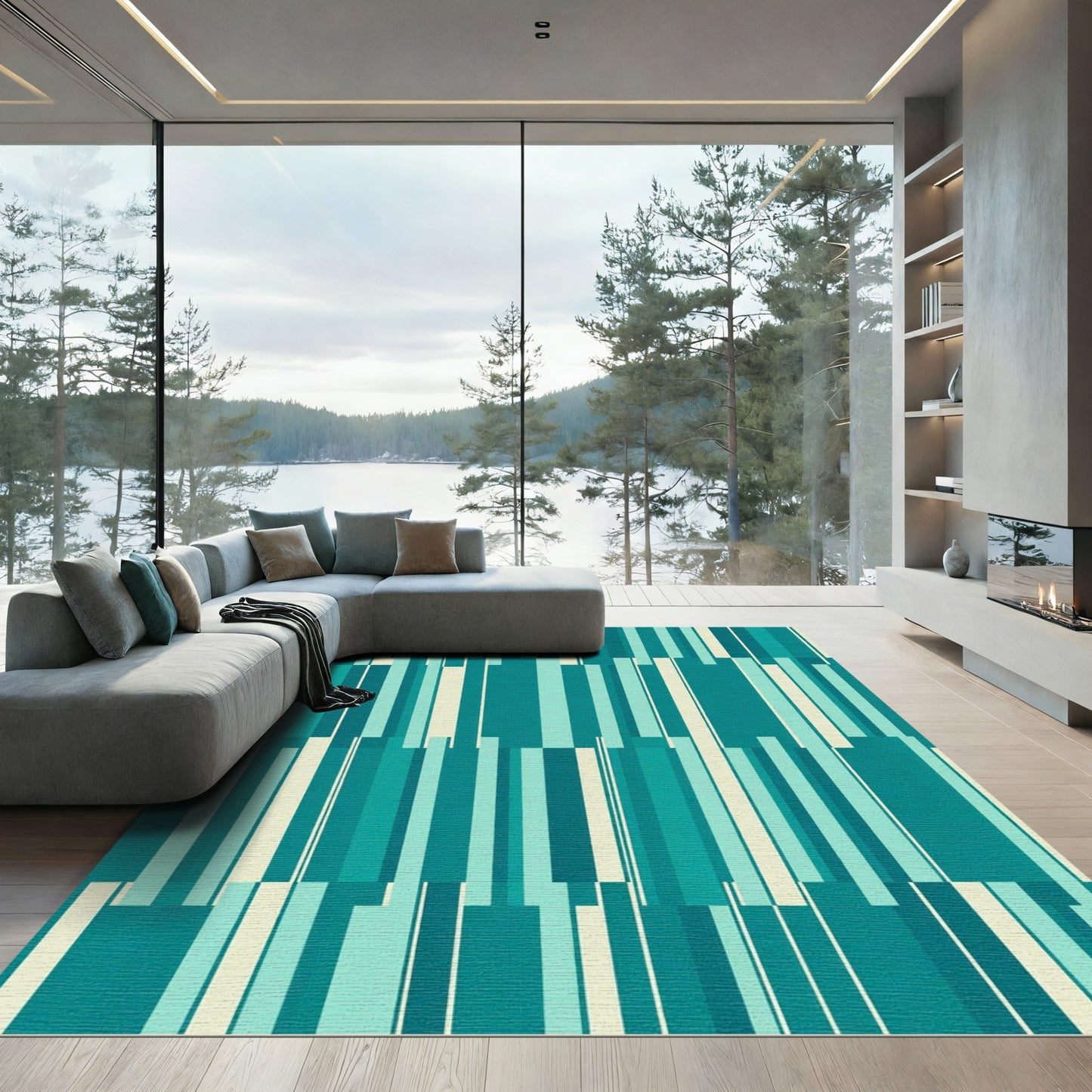 Teal Ombre Vertical Stripe Layered Rug