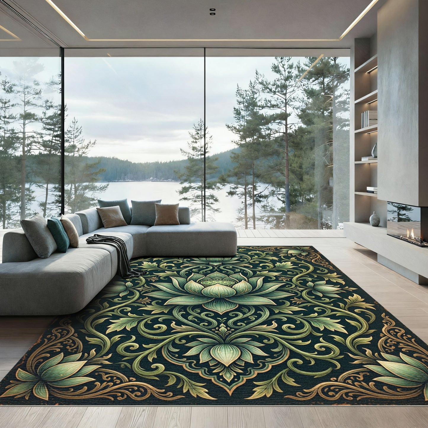 Emerald Green Lotus Medallion Ornament Rug