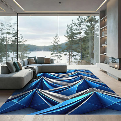 Modern Geometric Blue White Angular Waves Rug