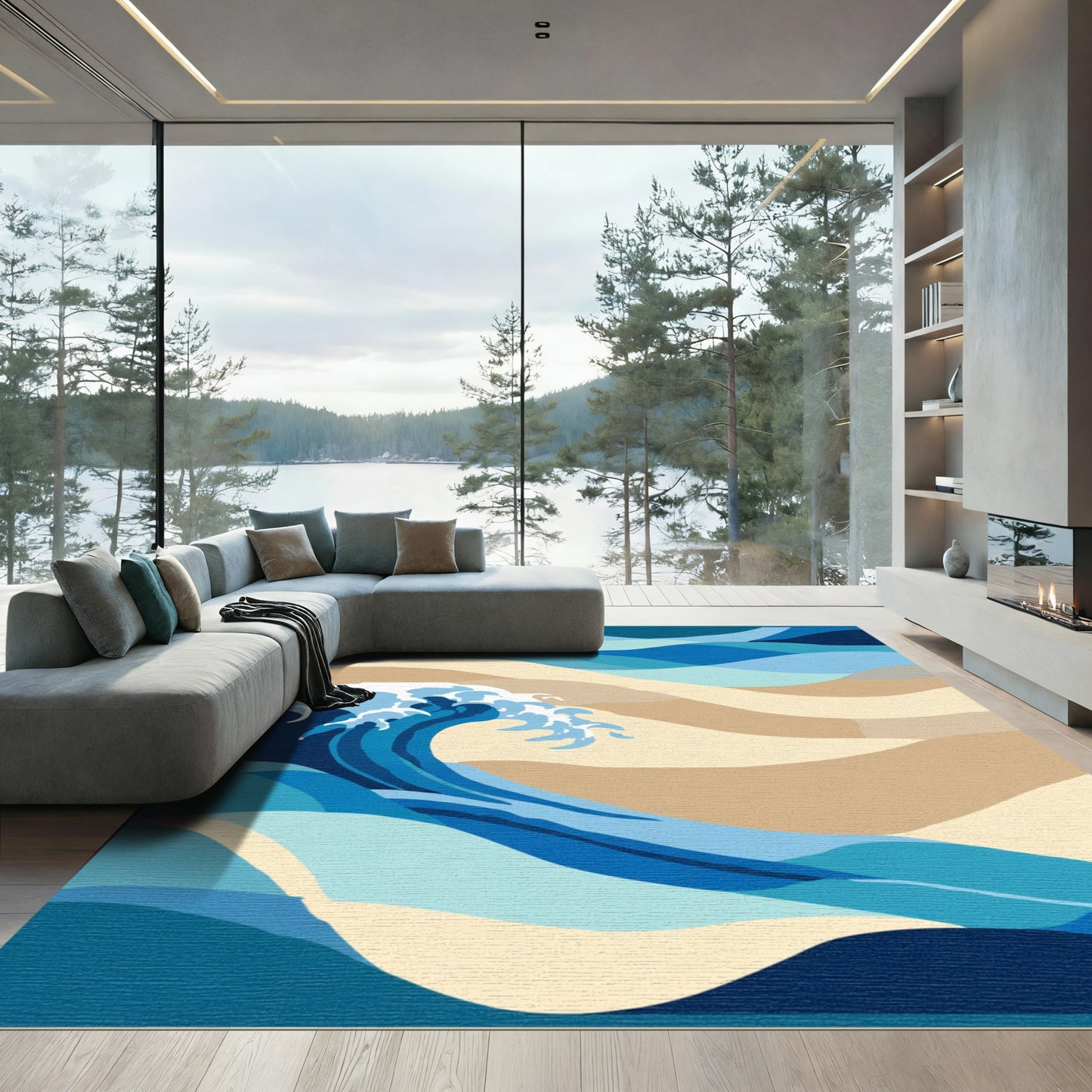 Ocean Blue Abstract Cresting Wave Rug