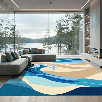 Ocean Blue Abstract Cresting Wave Rug