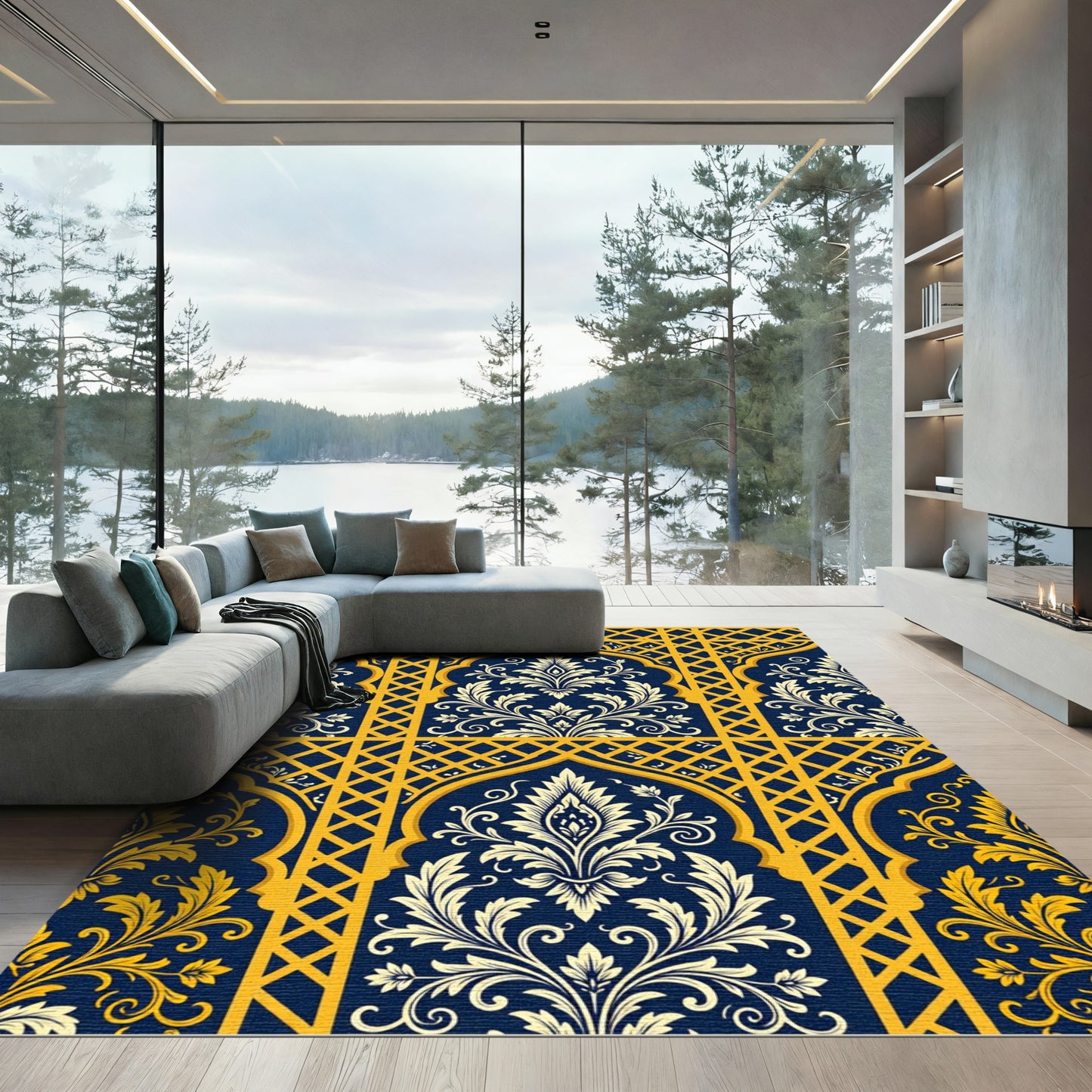 Navy Blue Lattice Royal Gold Damask Rug
