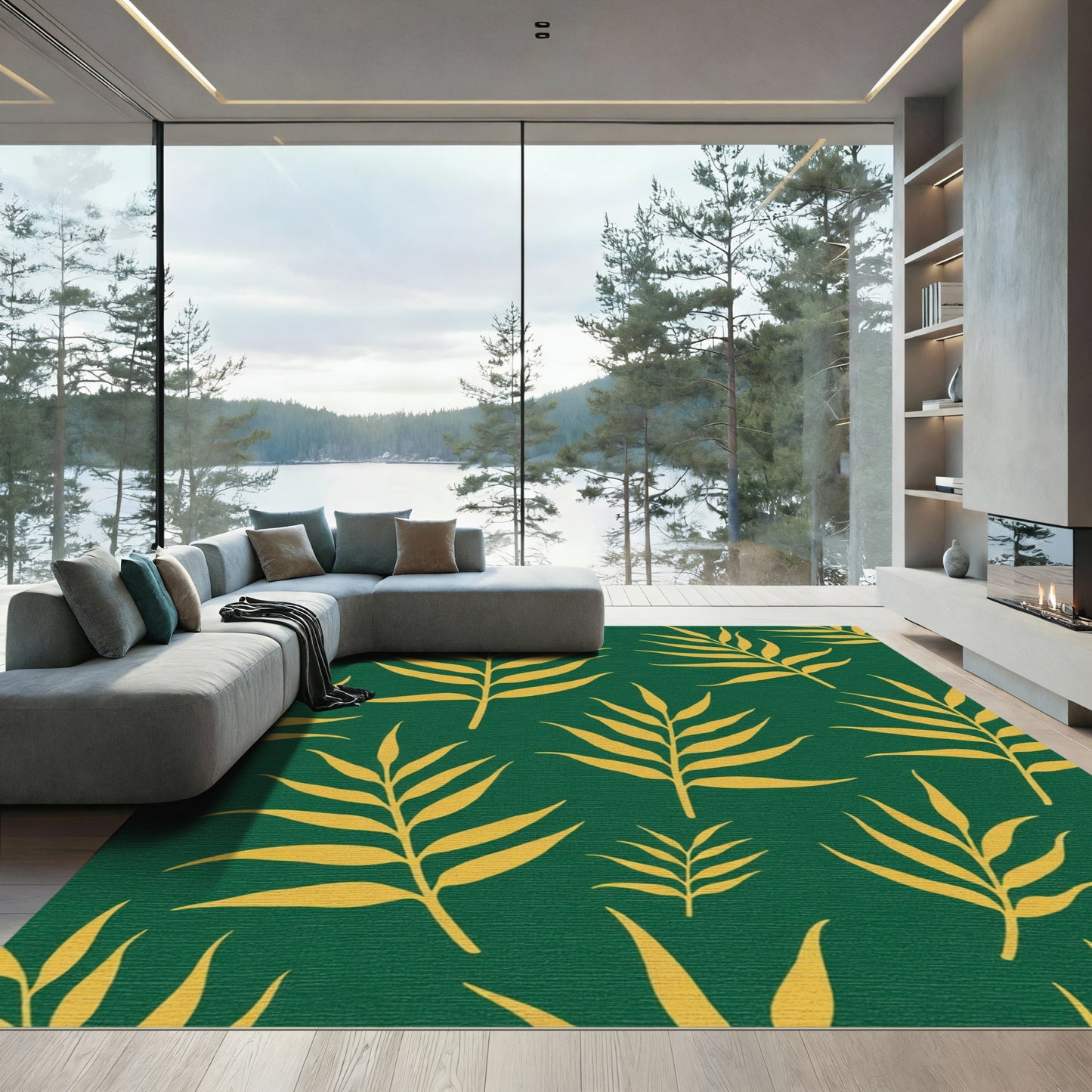 Emerald Green Ochre Leafy Branches Rug