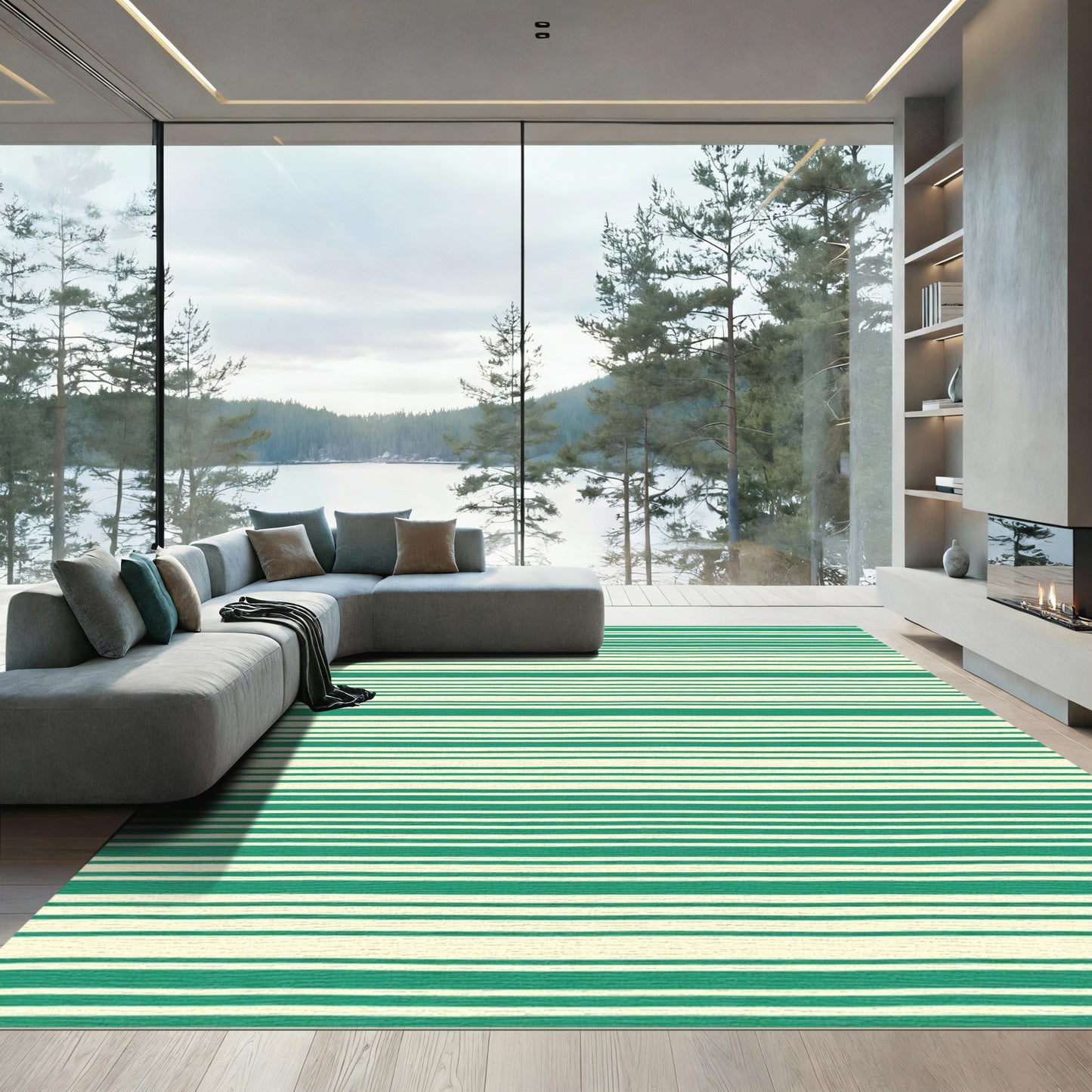 Cream Green Hand Drawn Stripe Rug