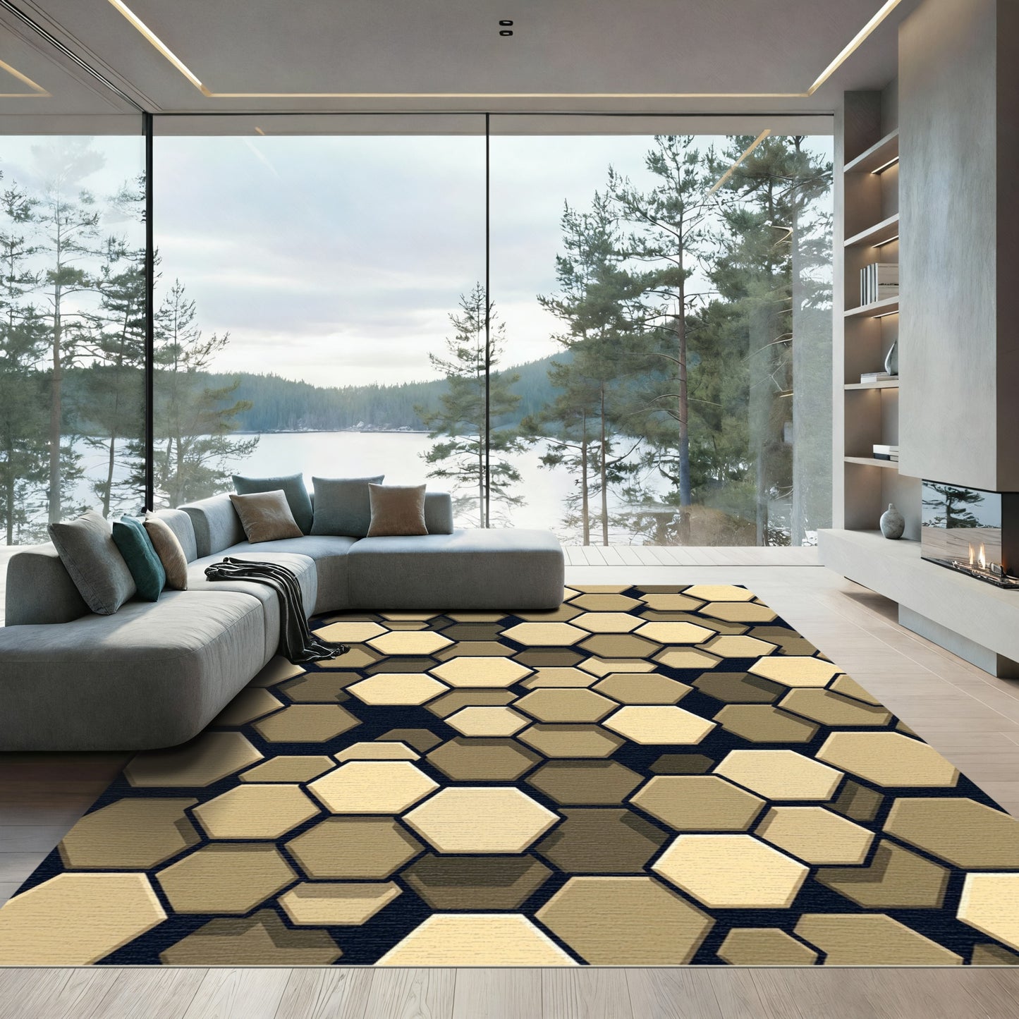 Golden Hexagonal Geometric Mosaic Rug