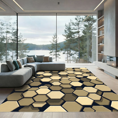 Golden Hexagonal Geometric Mosaic Rug