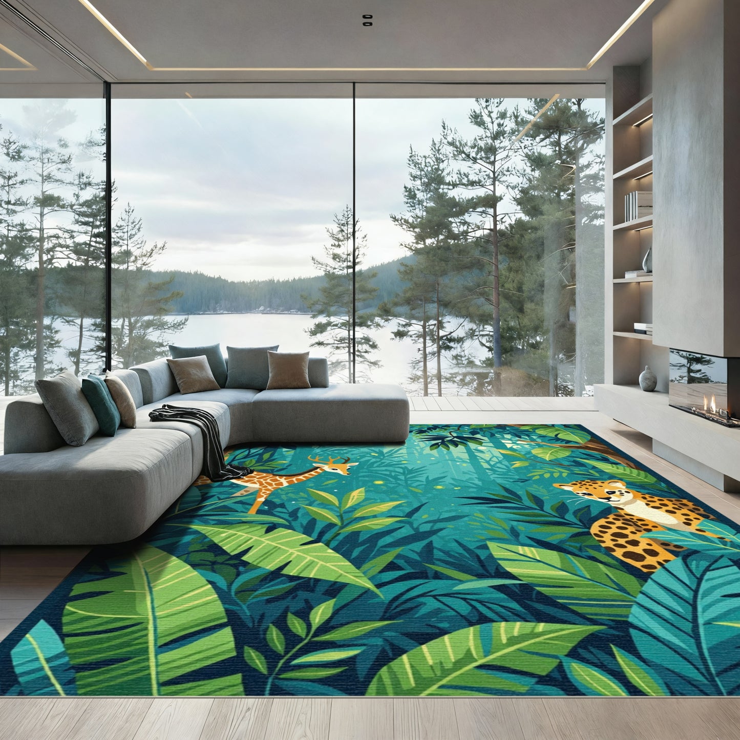 Lush Jungle Wildlife Rich Teal Green Rug