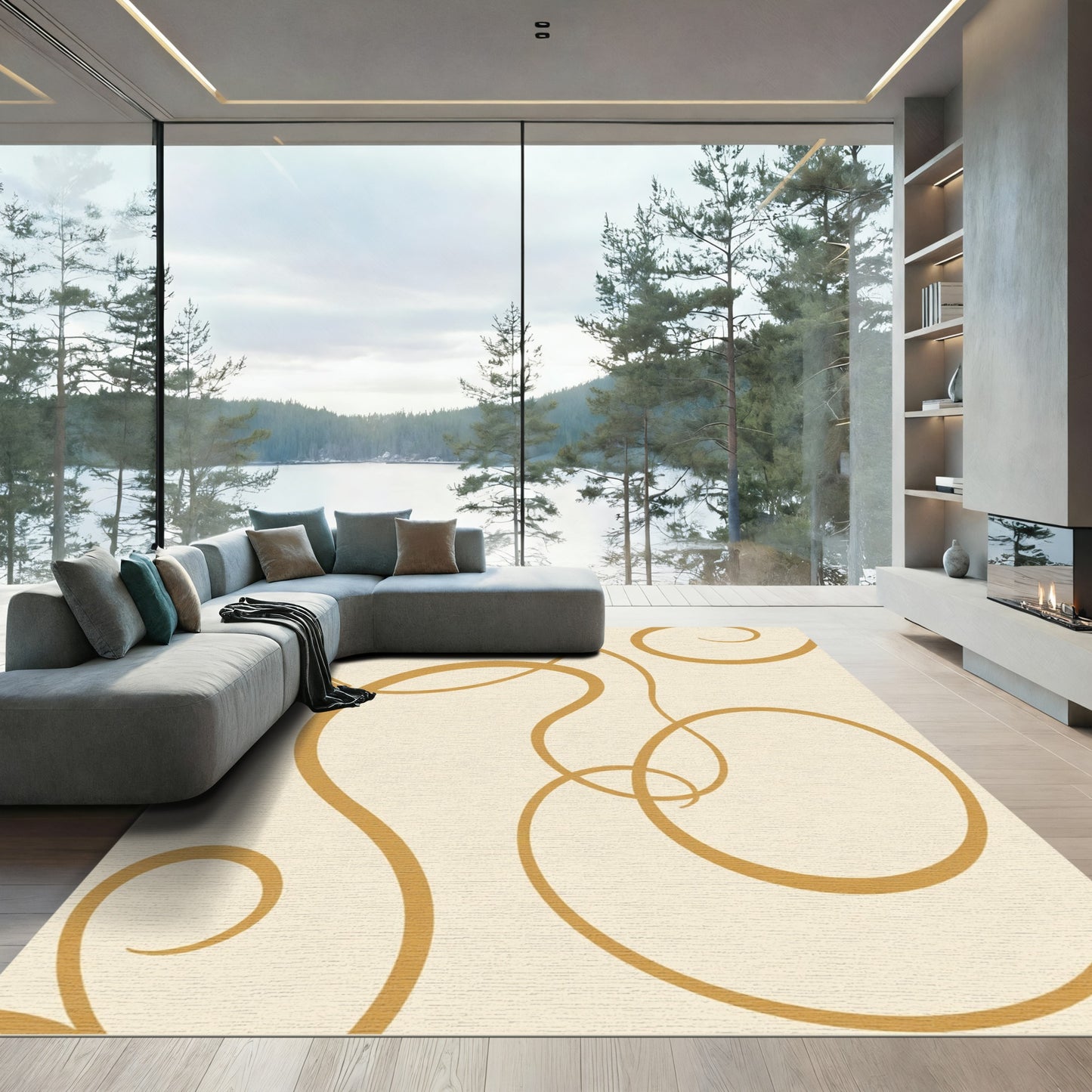 Golden Swirl Script Abstract Rug