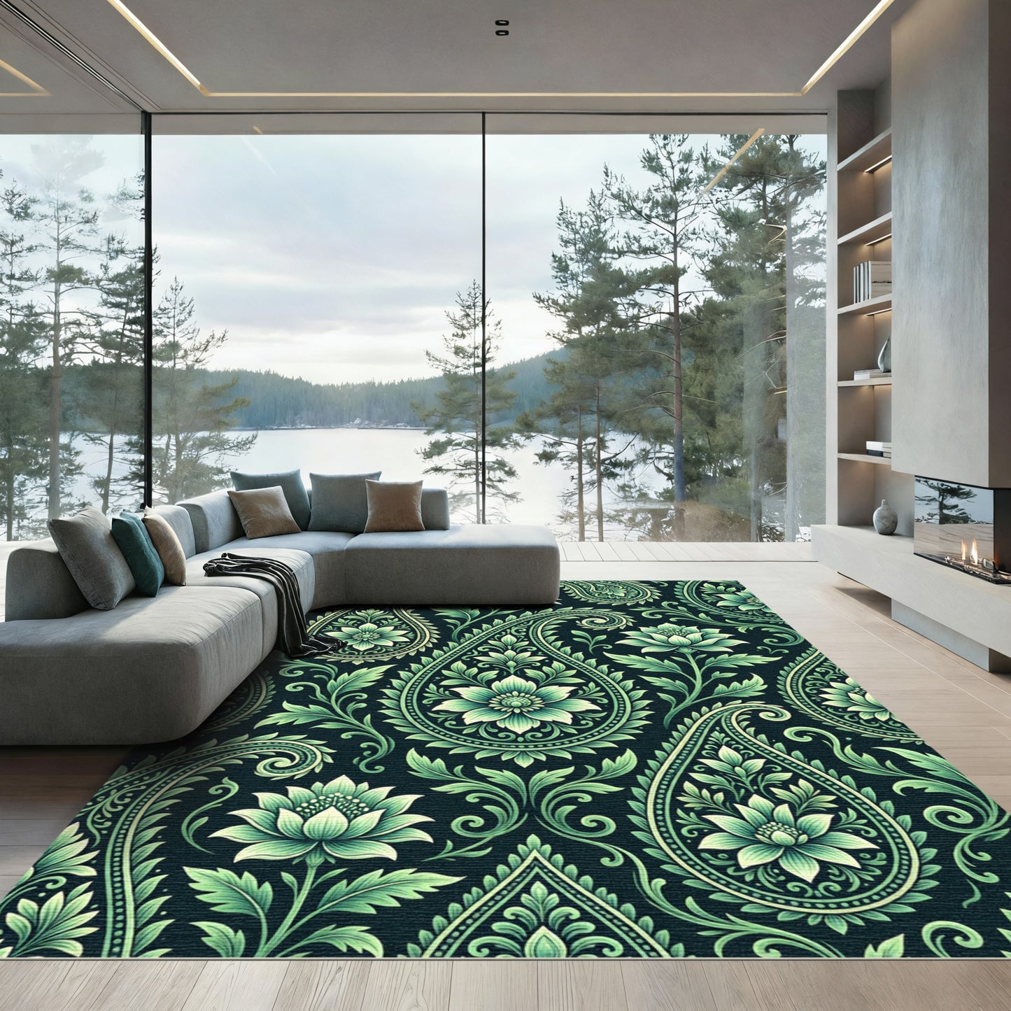 Green Paisley Floral Blossom Repeat Rug