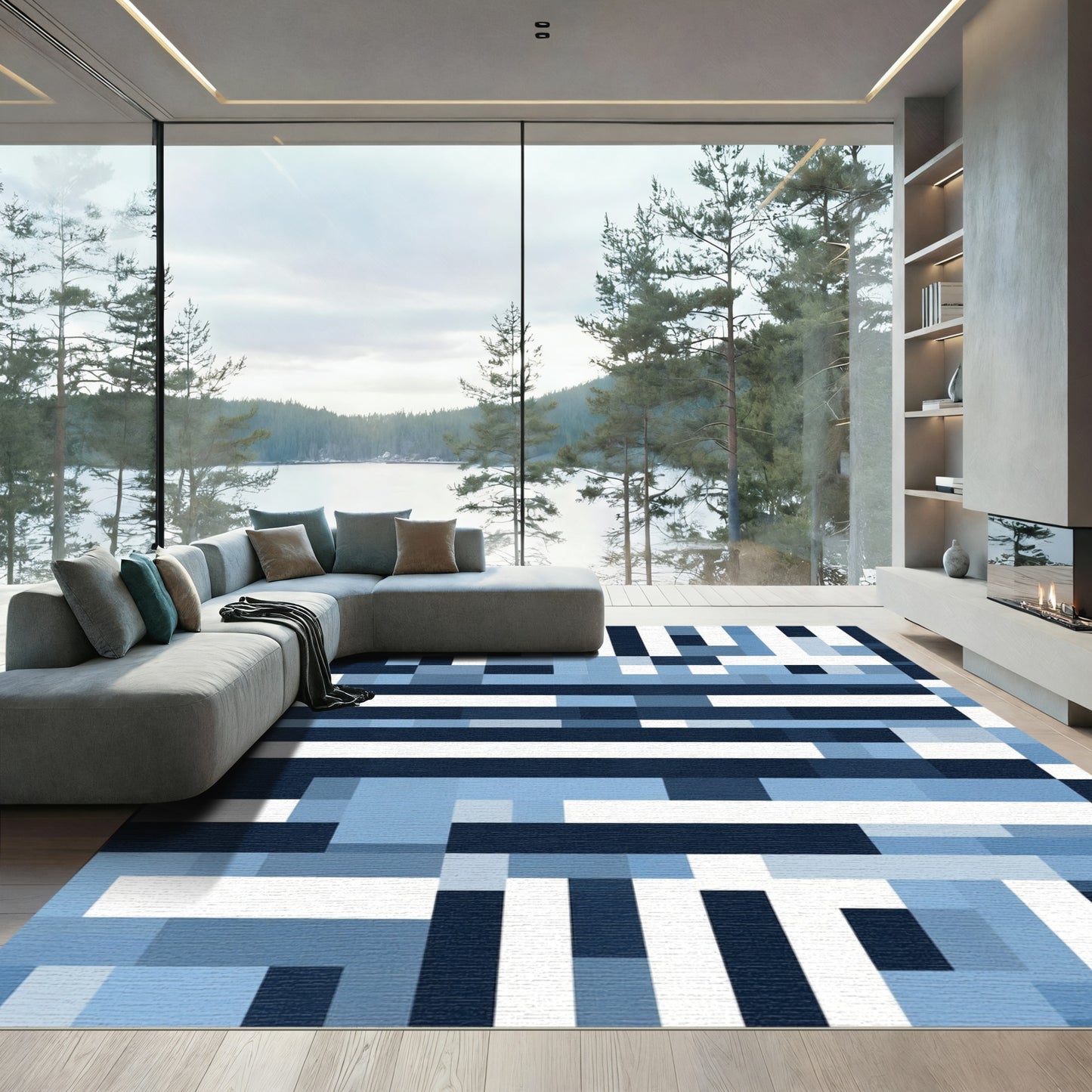 Abstract Blue Pixelated Stripes Rug