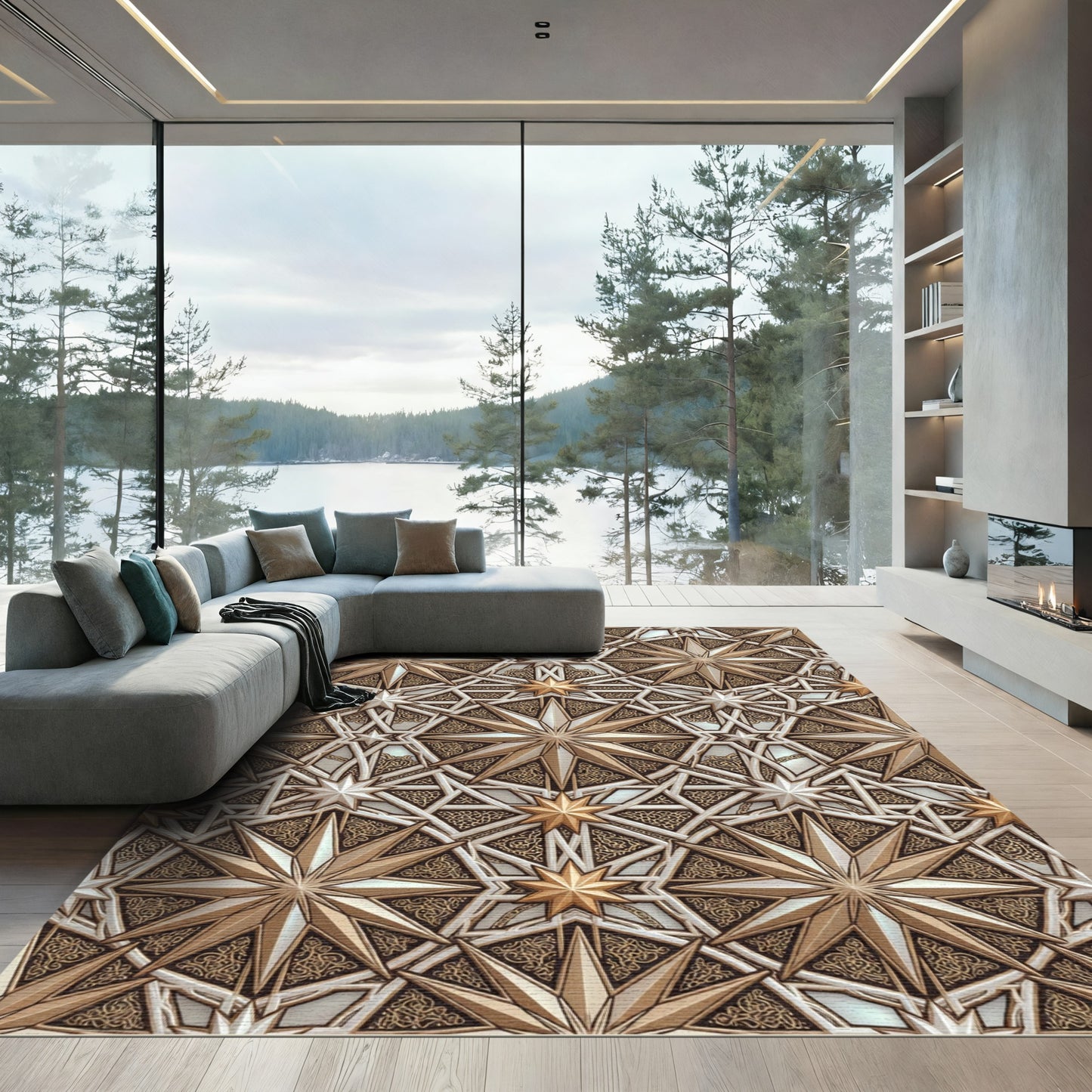 Golden Star Intricate Geometric Arabesque Rug