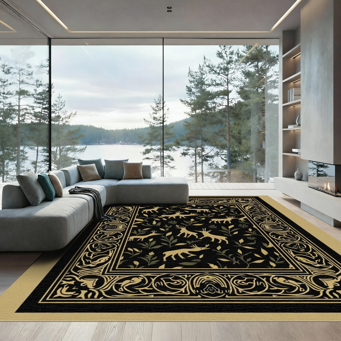 Golden Deer Forest Border Design Rug