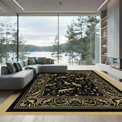 Golden Deer Forest Border Design Rug
