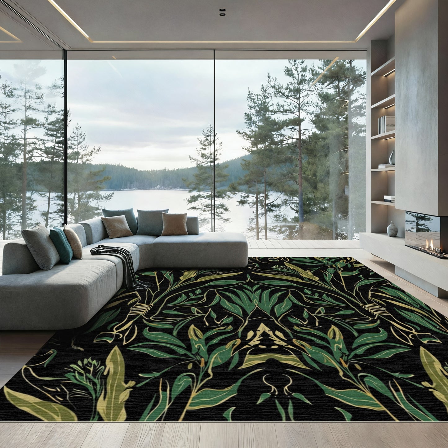Dark Green Gilded Foliage Symmetry Rug