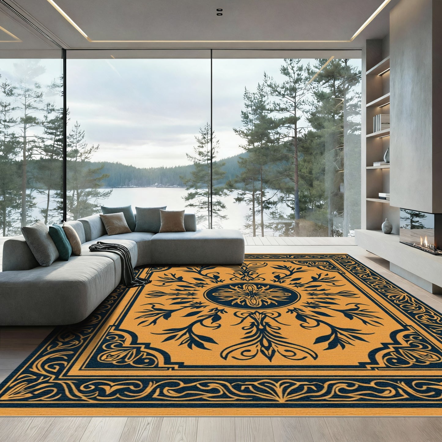 Navy Golden Floral Symmetrical Medallion Rug