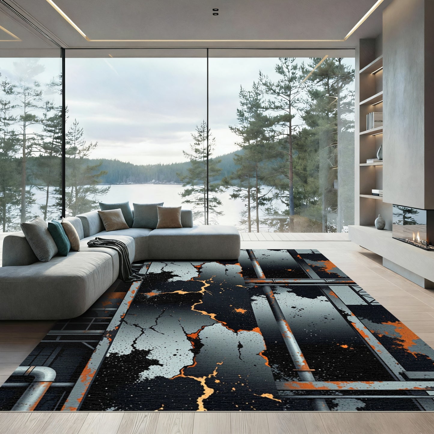 Industrial Gray and Burnt Orange Grunge Rug