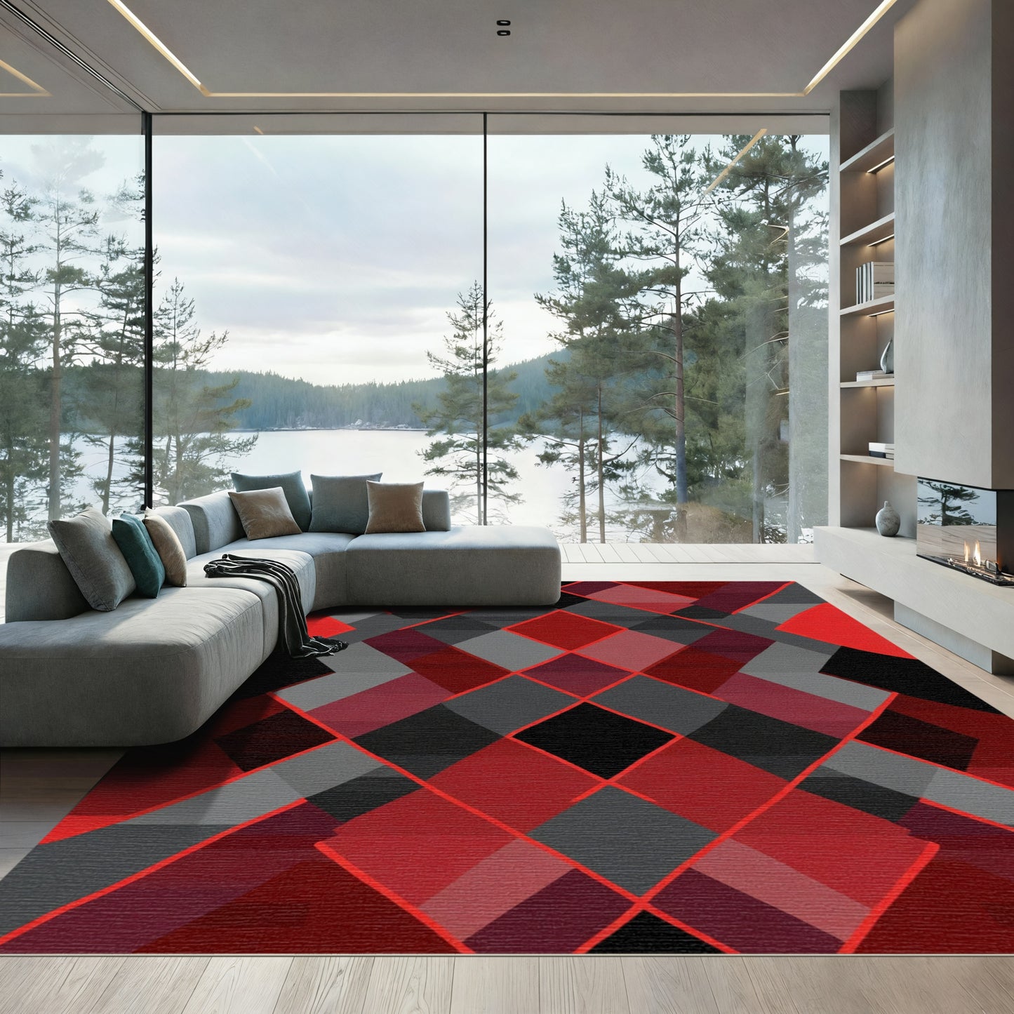 Bold Red Black Diamond Geometric Rug