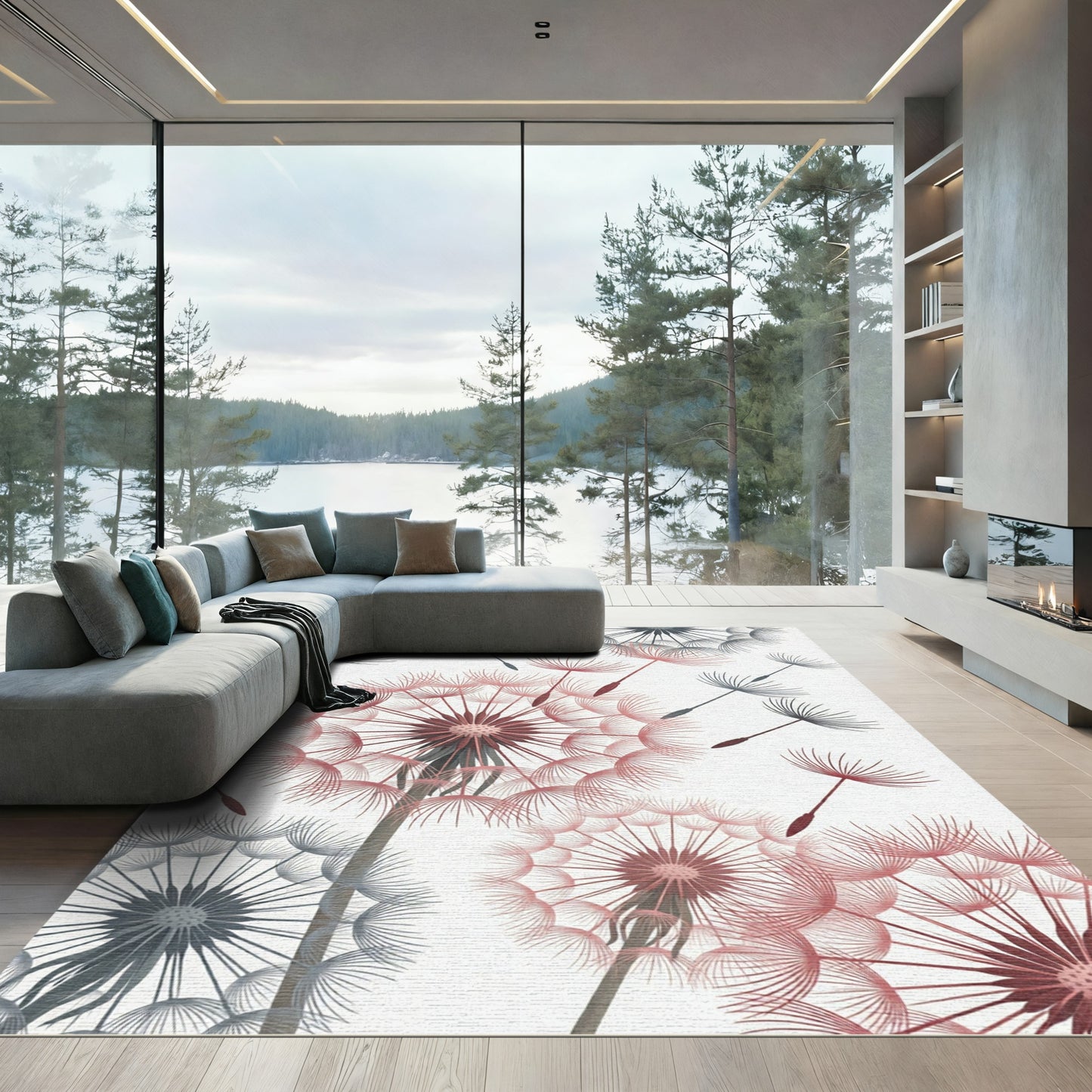 Whimsical Coral Gray Dandelion Field Rug