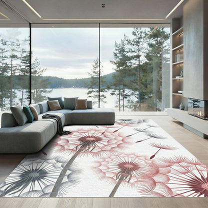 Whimsical Coral Gray Dandelion Field Rug