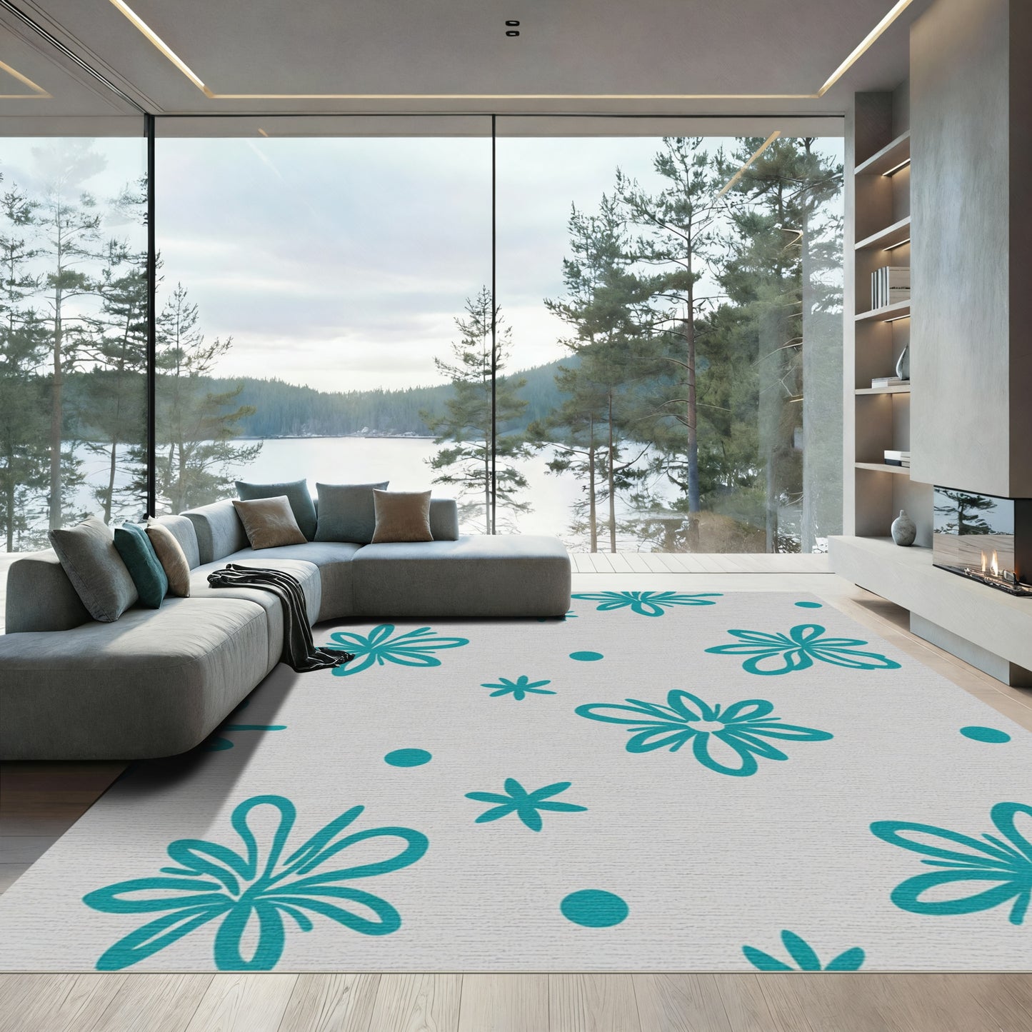 Teal Sunburst Floral Dots Rug