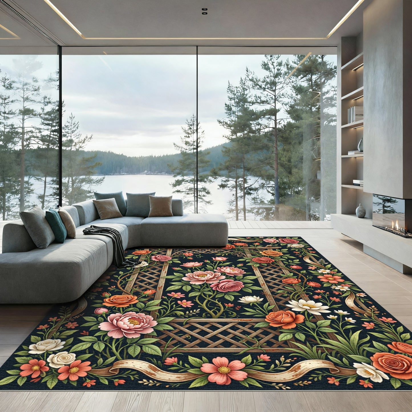 Elegant Trellis Floral Dark Botanical Rug