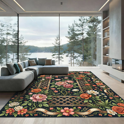 Elegant Trellis Floral Dark Botanical Rug